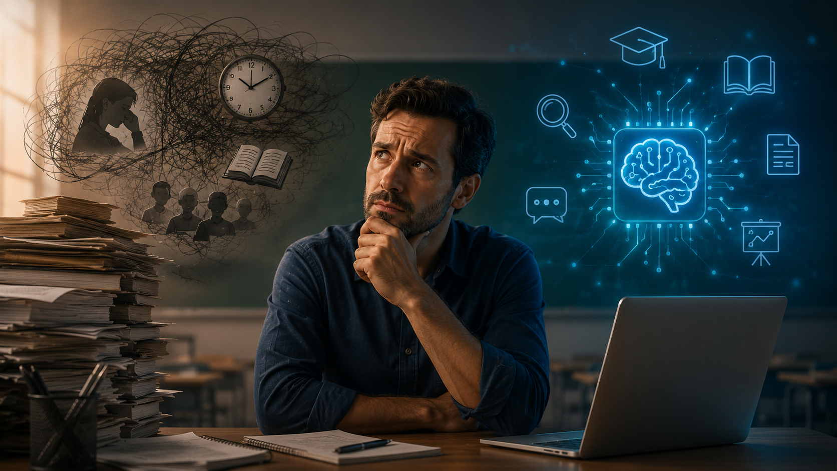 A teacher surrounded by piles of work and a laptop, reflecting on the use of artificial intelligence in education.